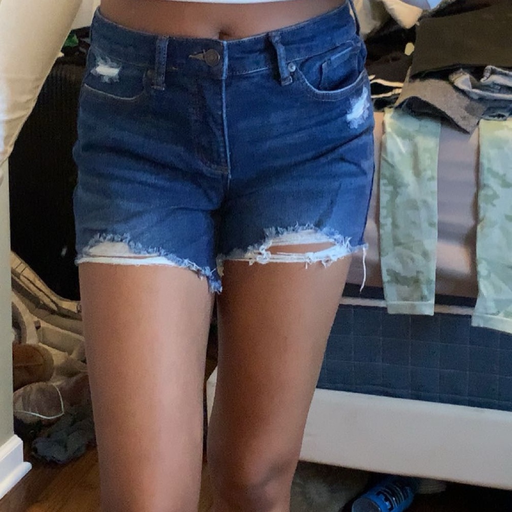 Blue Jean Shorts with Distressed Details and Frayed Hem